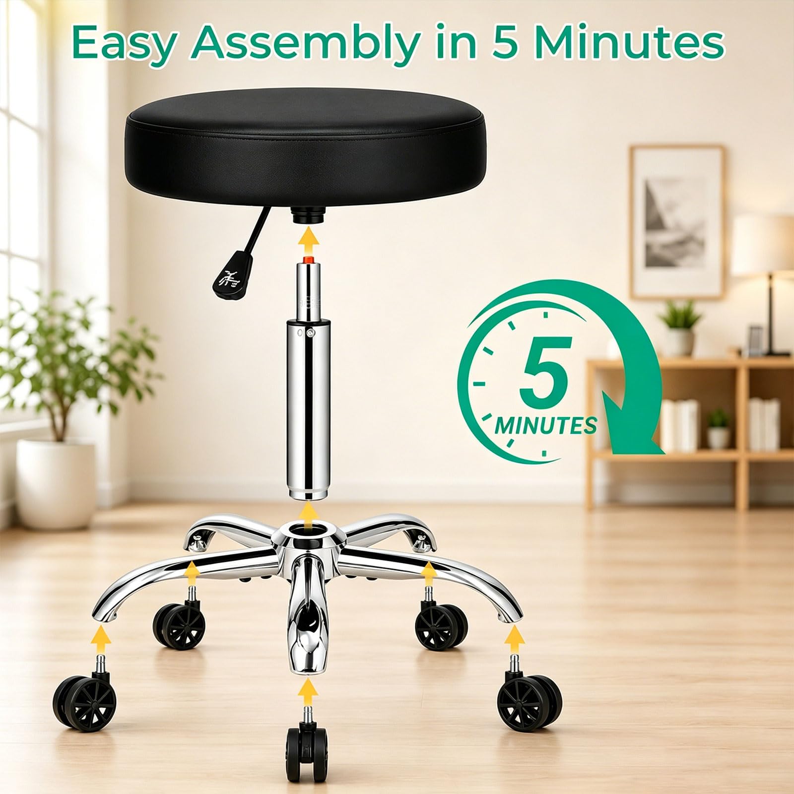Heavy-Duty Rolling Stool with Wheels, 450 lb Capacity, Adjustable 360° Swivel Seat