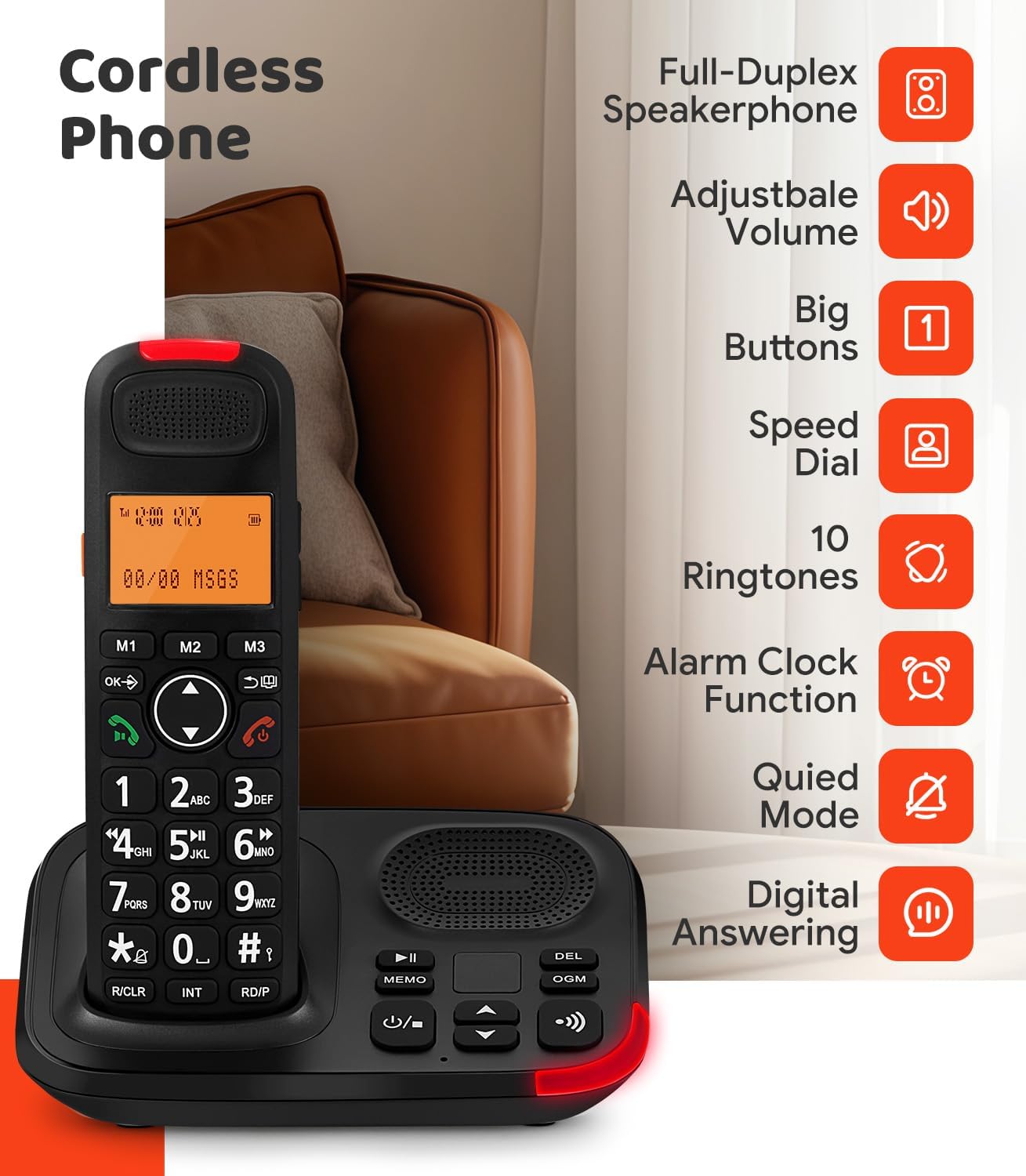 Sangyn Cordless Phone with Digital Answering Machine, Duplex Handset Speakerphone, Audio Assist, Speed Dialing,Big Buttons & Large Display for Home House Office,Black
