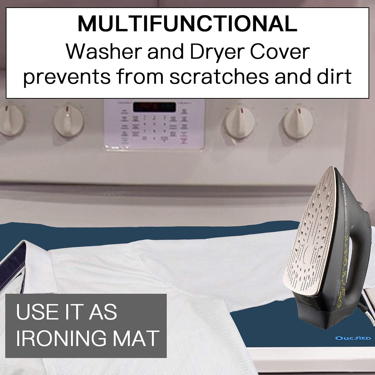 OUCJIED Stove Cover For Electric Stove - Protects Electric Stove Washer Dryer Top.Waterproof,Foldable With Storage Bag，Metal Hooks and Silicone Stove Gap Covers Expands Usable Space(24x21, Navy)