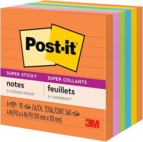 Vista 13 de Post-it Super Sticky Lined Notes, 6 Sticky Note Pads, 4 x 4 in., School Supplies, Office Products, Sticky Notes for Vertical Surfaces, Monitors