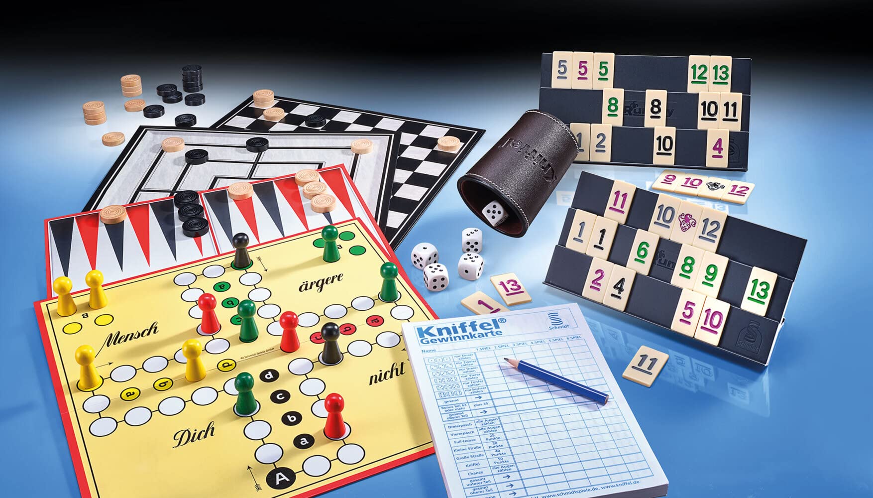 Schmidt 49196 Spielesammlung Classic Line Edition, ab 6 Jahren | Enthält Kniffel, MyRummy und Mensch ärgere Dich nicht