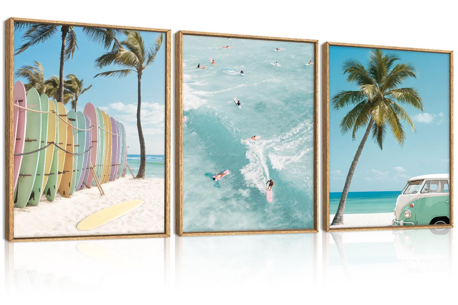 KAIRNE Blue Ocean Surfboard Seascape Framed Canvas Wall Art Set-12"x16"x3 | Coastal Beach Wall Decor, Modern Palm Tree Art Prints, Summer Surfing Artwork for Living Room, Bedroom, Office