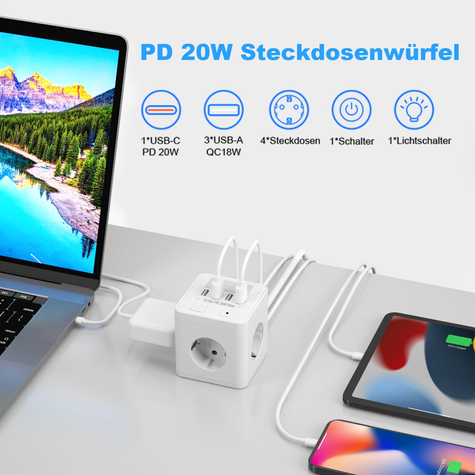 6-in-1 stekkerkubus met USB C, 3-voudige kubusvormige stekkerdoos, platte stekker met afzonderlijk schakelbaar, meervoudige stekker, kubus met 4 m kabel voor kantoor, thuis, reizen, wit