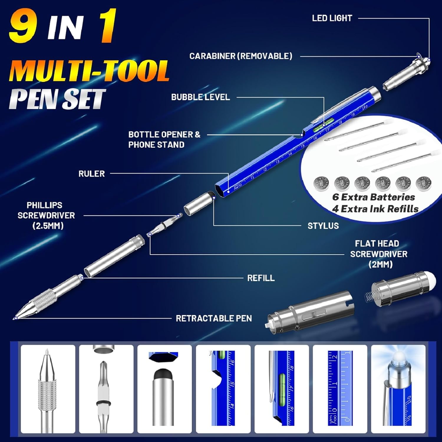 Gbawara view diagram of the 9-in-1 multi-tool pen showing all its components, including ink refill and batteries.