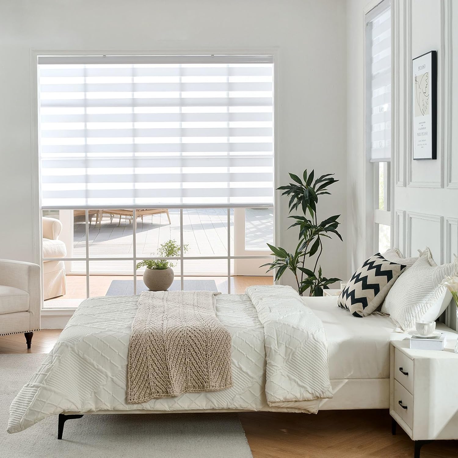 Joydeco Cordless Zebra Blinds for Windows, Dual Layer Free-Stop Zebra Shades Privacy Light Control for Day and Night, Light Filtering Sheer Blinds for Indoor Windows, Home (35" W X 75" H, White)