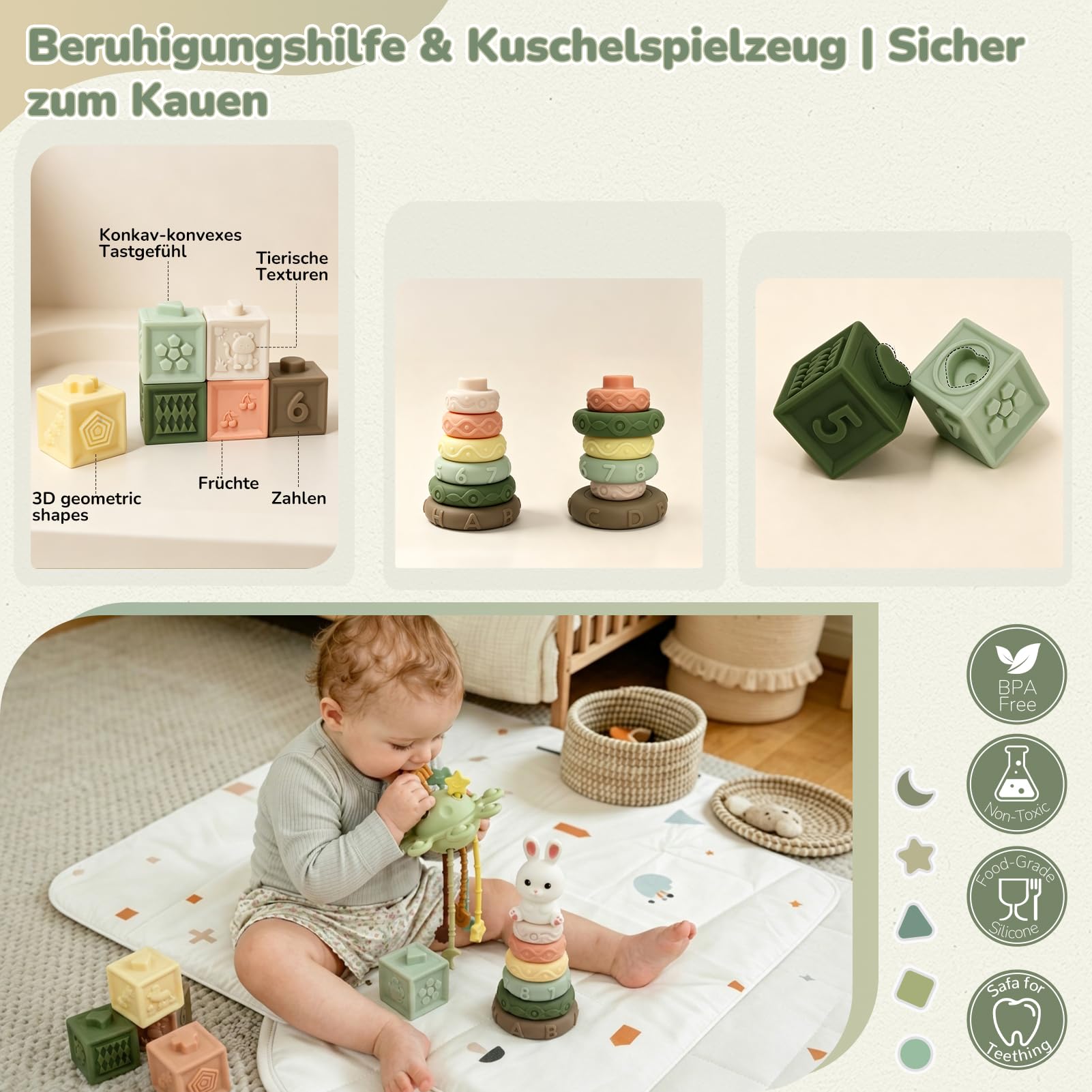 Montessori Spielzeug Baby ab 6 Monate, 5 in 1 Baby Spielzeug ab 7 8 9 Monate mit Bauklötze, Stapelringe, Tissue Box Toys, Lernspielzeug Geschenk für 6-12 Monate