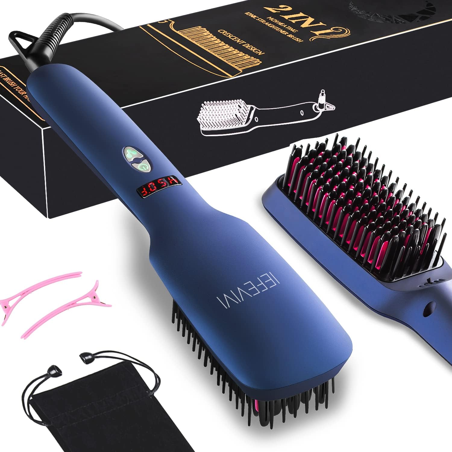 Hair Straightener Brush Ionic IEFEVIVI 2-in-1 Enhanced Straightening Brush Anti-Scald Feature Auto Temperature Lock and Auto-Off Function MCH Fast Heating Brush Straightener for Women Ceramic Blue