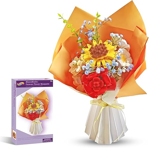 Sense&Play Kit de construcción de ramo de flores, juguetes de construcción de flores artificiales con rosas, jazmines y más Juego de bloques de