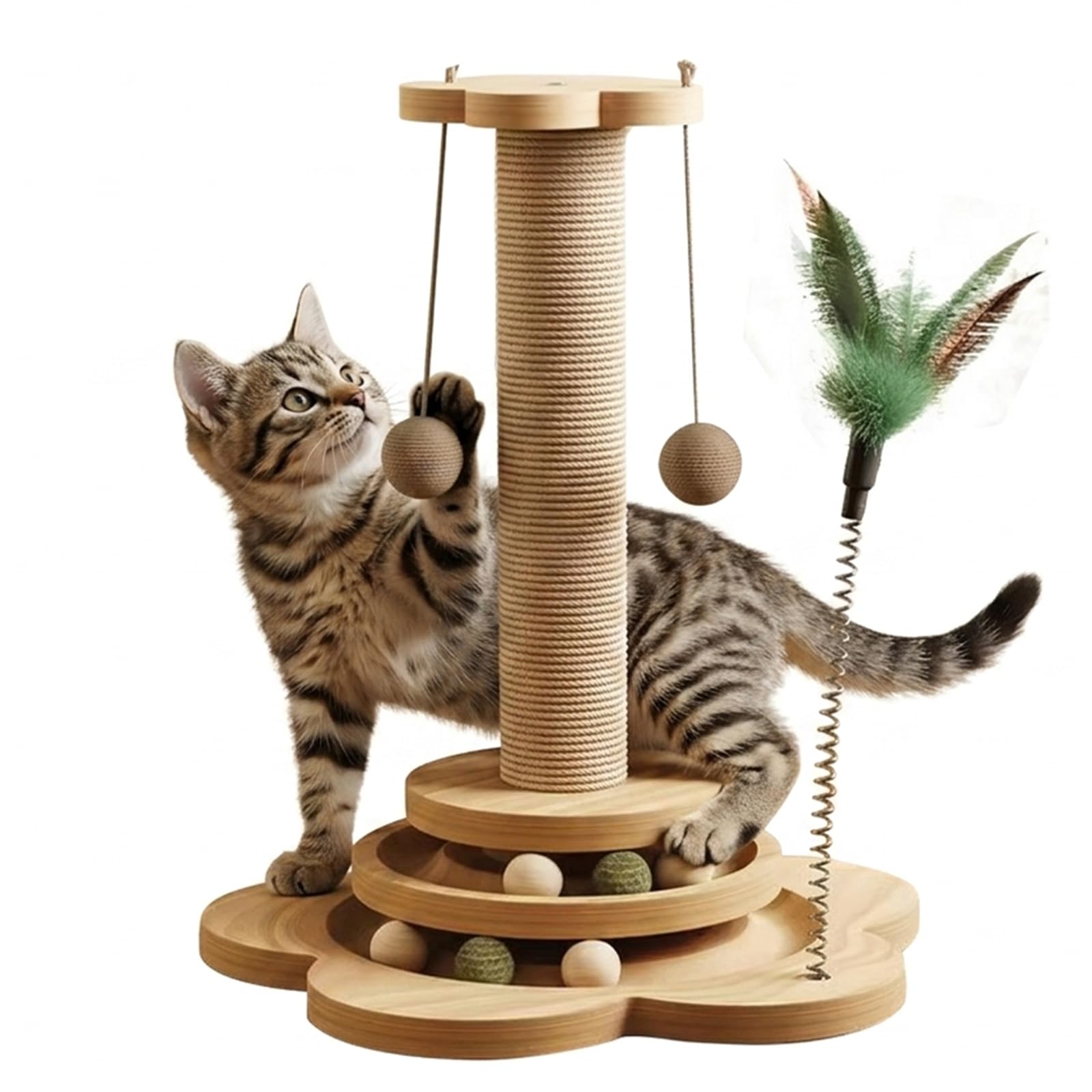 Tiragraffi per Gatti Legno con Gioco a 2 Livelli, Albero 4 in 1 in Sisal Naturale, Torre Interattiva Pista di Palline, Piuma e Erba Gatta, Design Stabile Salvaspazio per Kitten e Adulti (28 * 40cm)