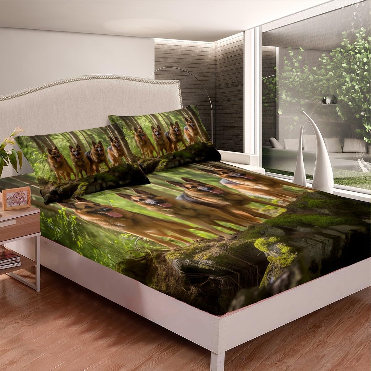 Feelyou Cute Dog Fitted Sheet German Shepherd Bedding Set for Kids Adult 3D Hound Dog Bed Sheet Set Pet Animal Bed Cover Dog Lover Room Decor 3Pcs with 2 Pillow Case Queen Size