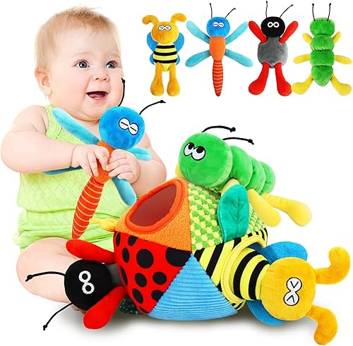 Juguetes de peluche elásticos para bebé, juguete de peluche elástico para recién nacido, oruga, libélula mariquita y 1 casa de pelota sensorial