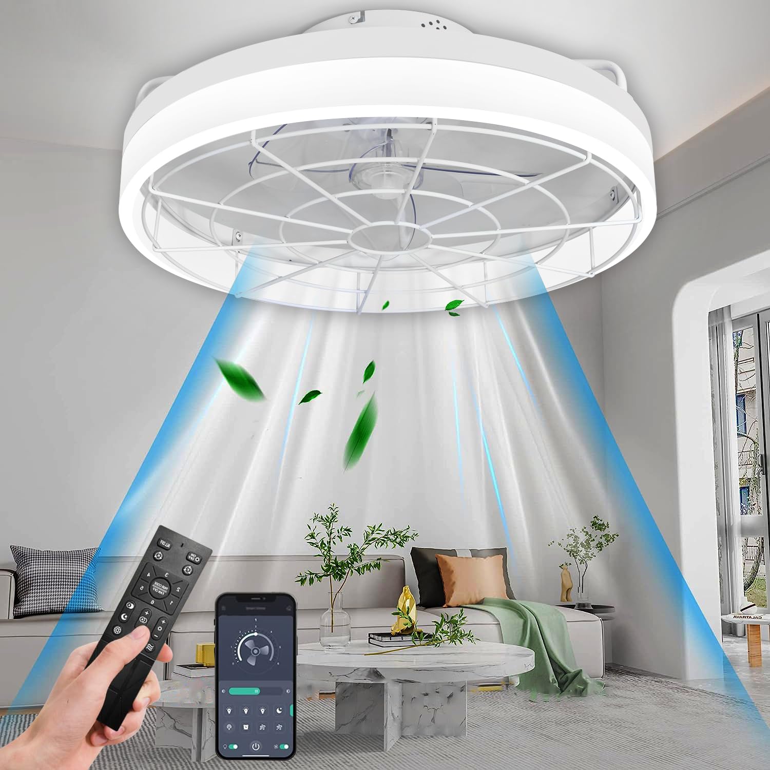 Vinaco Powerful Ceiling Fan with Lights and Remote Control & APP, 20in 3 Colors 6 Speeds Enclosed Bladeless Ceiling Fan with Light Dimmable, Flush Mount LED Ceiling Fan Light for Bedroom