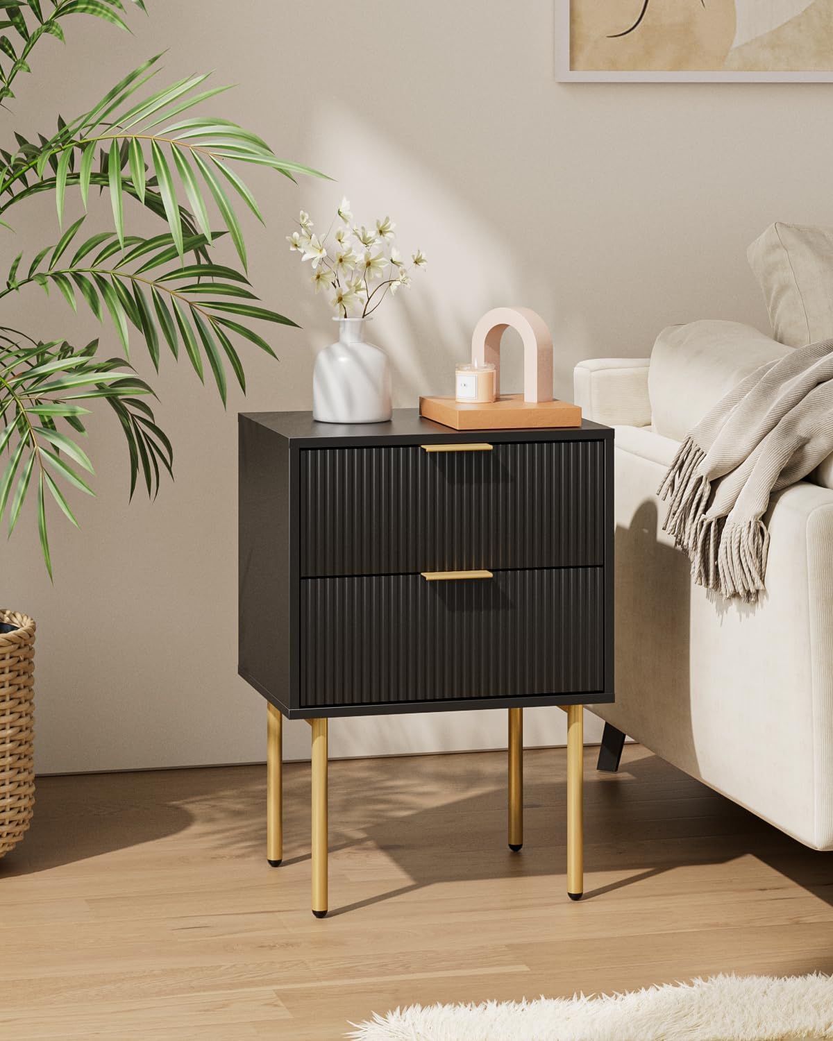 Aienvey Night Stand, Modern Nightstand with Drawers, Bedside Table, Gold Small Side Table for Bedroom, Living Room End Table (Black Stripe, 2 Drawers)
