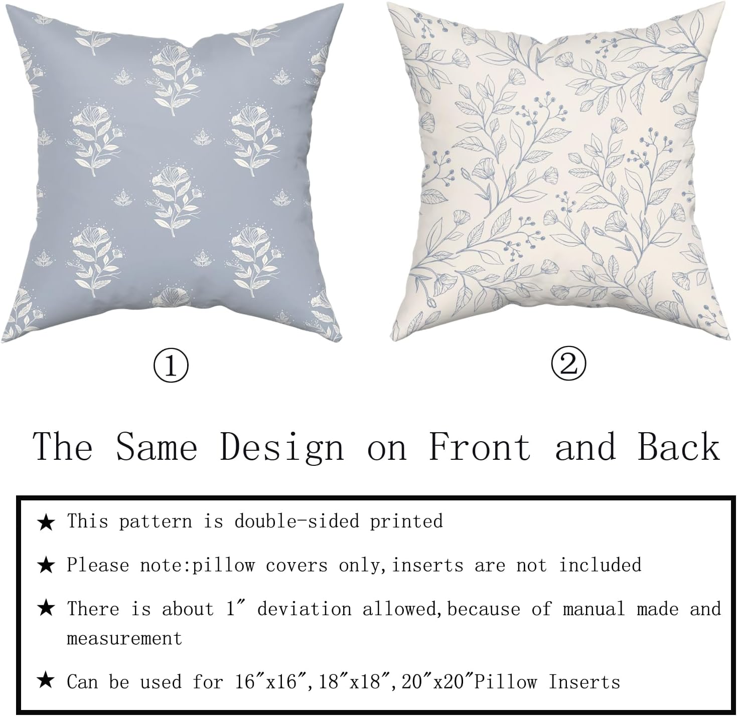 Floral Pillow Covers 18x18 Inch Set of 2 Light Blue Wild Flower Leaves Block Pattern Print Decorative Vintage Throw Pillowcases Outdoor Farmhouse Holiday Cushion Cases Decor for Sofa Couch Bed - Image 5