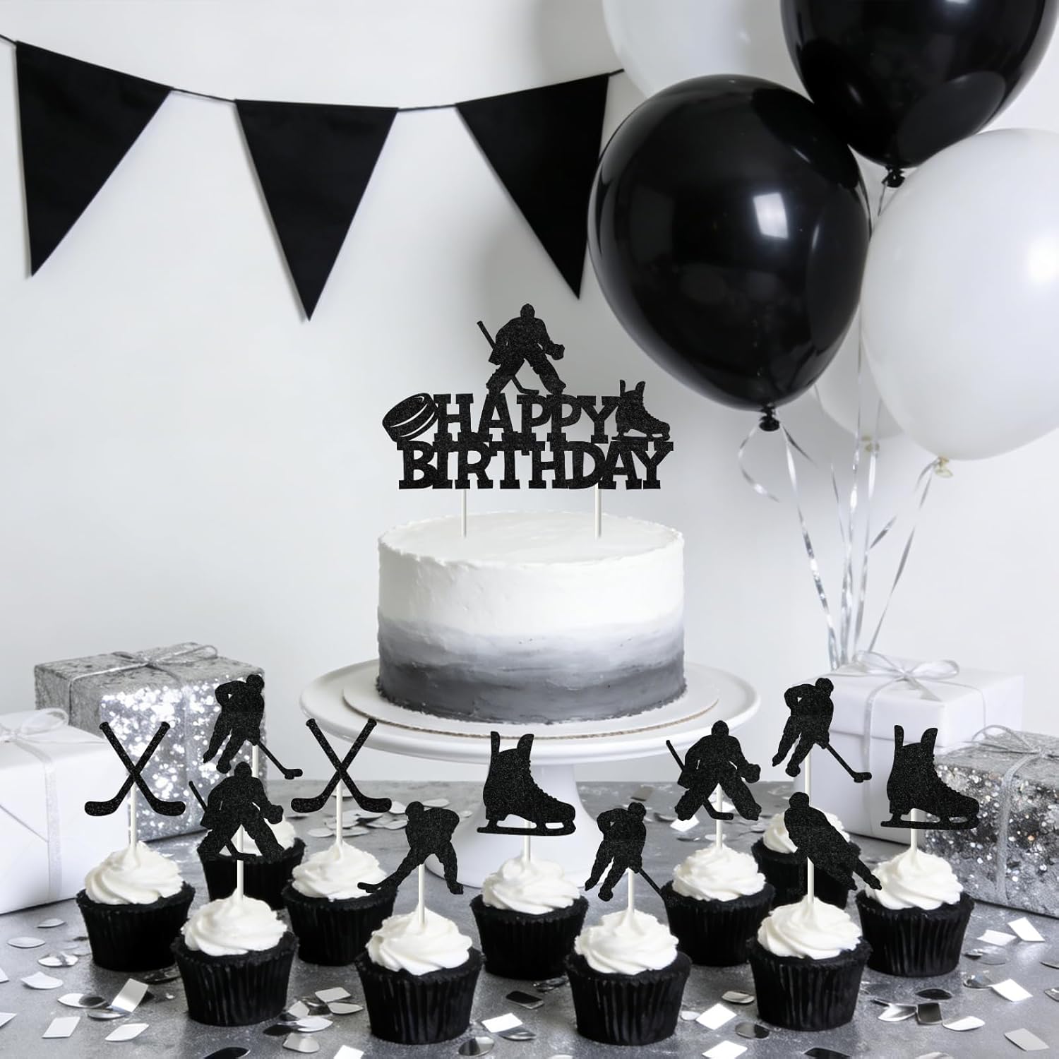 Hockey Birthday Cake Decorations Set, Includes 1 Black Glitter Ice Hockey Happy Birthday Cake Topper and 24 Cupcake Toppers, Sports Themed Party Supplies for Boys Girls Men Women