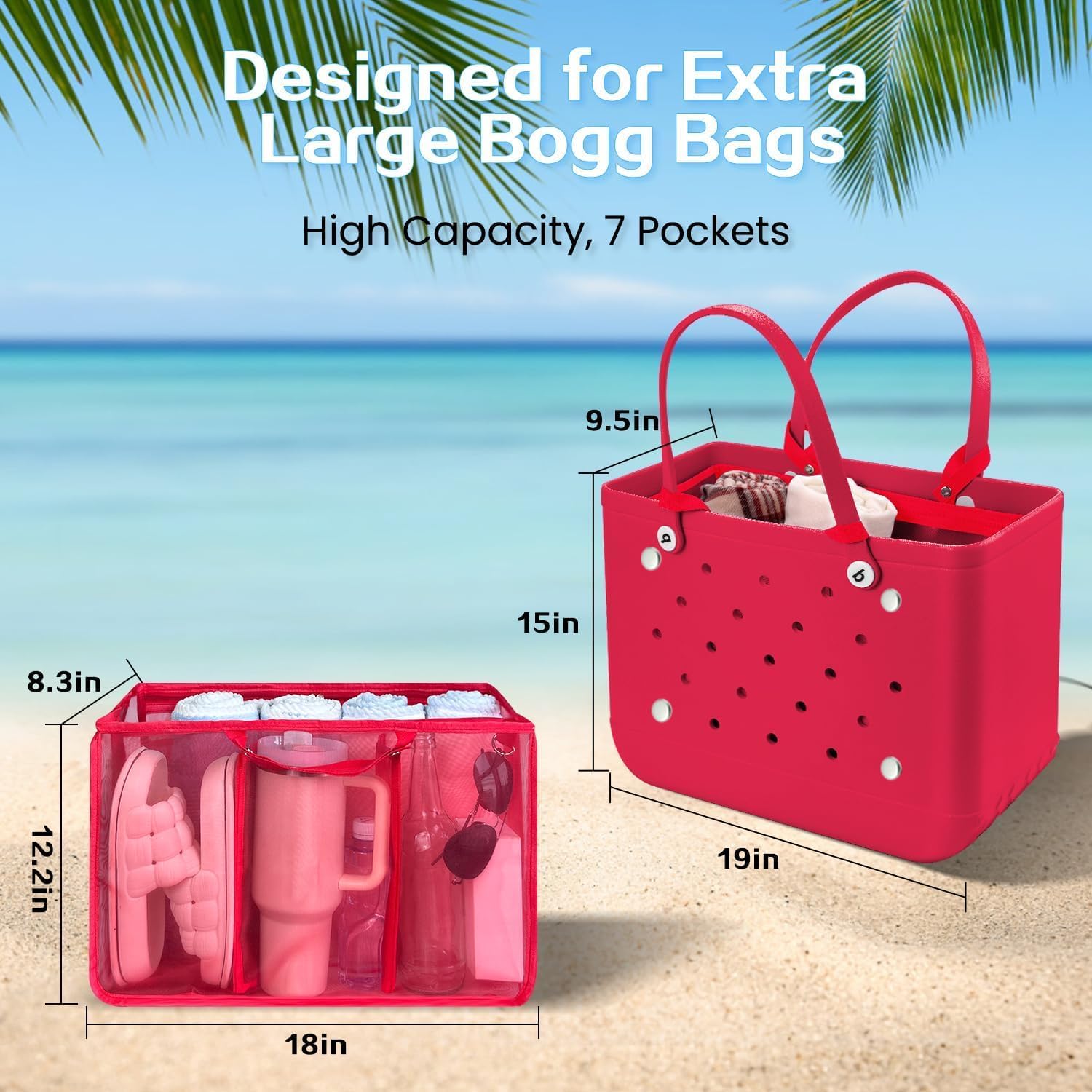 XYFuuee Beach Bag Organizer Inserts for Original Large Bogg Bag Accessories with 8 Removable Metal Fasteners, Lightweight Mesh Insert Divider Pouch, Organizing Rubber Tote, Save Space, Red XL