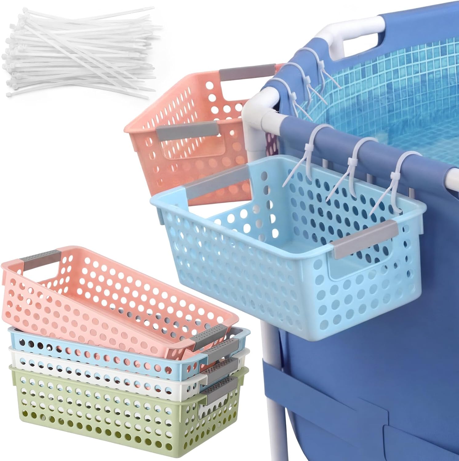 4 Pack Poolside Storage Baskets with Zip Ties Foldable Above Ground Pool Storage Basket Poolside Organizer for Towels Drinks Above Ground Swimming Pool Accessories