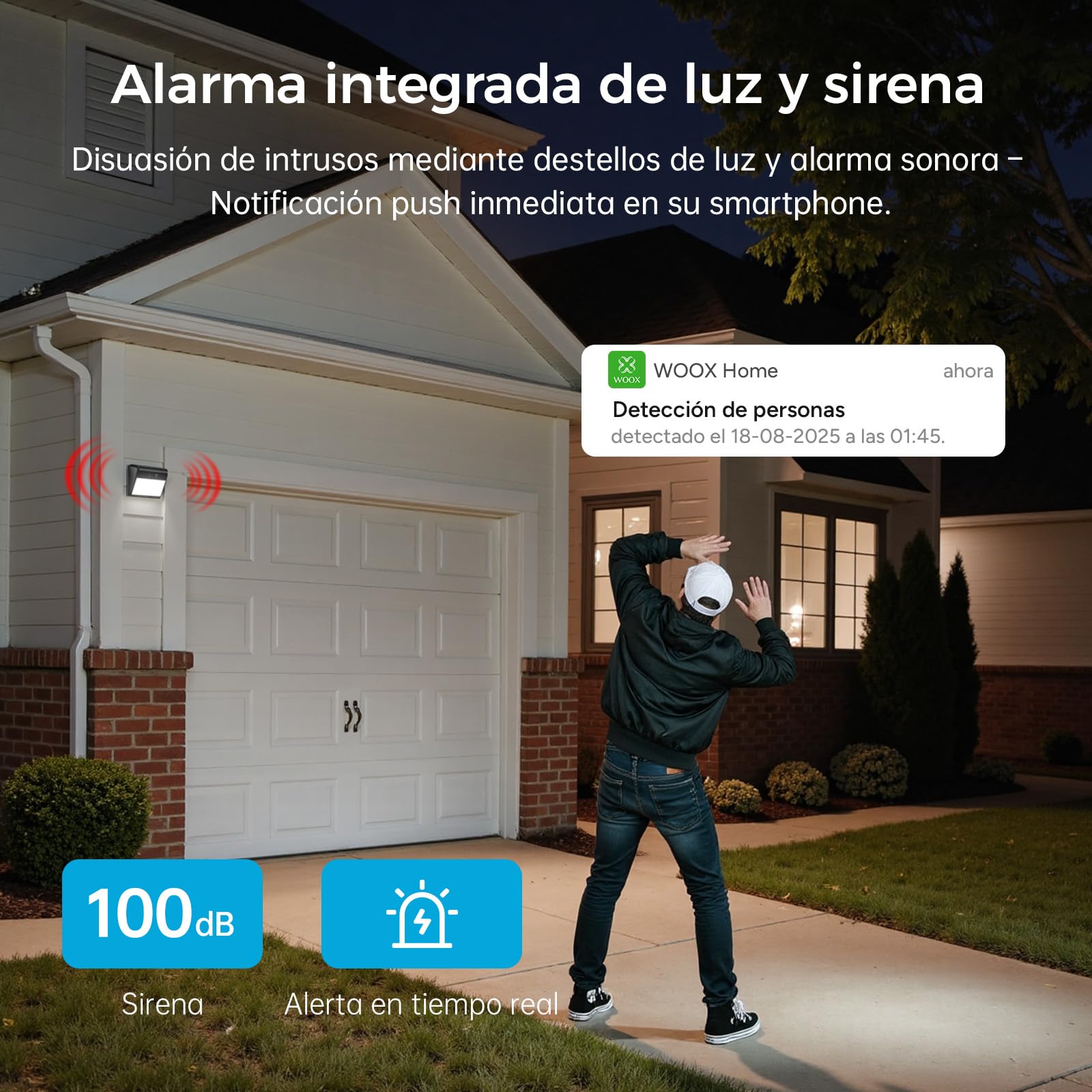 WOOX Camara Vigilancia Exterior Solar con Luz de Pared, 2K Camaras de Vigilancia WiFi sin Cables, Luz activada por Movimiento, Detección de IA para Personas/Vehículos, Visión Nocturna en Color, IP65