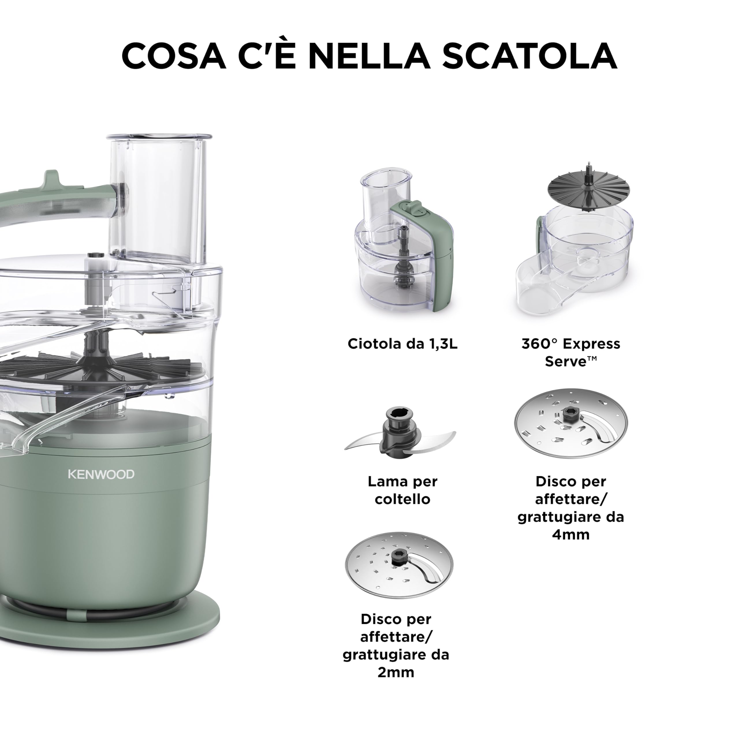 Kenwood MultiPro Compact – Robot da Cucina Multifunzione con Express Serve, Lama in Acciaio Inox, Dischi Affetta e Grattugia, Funzione Pulse, Verde Eucalipto (FDP23.140GR)