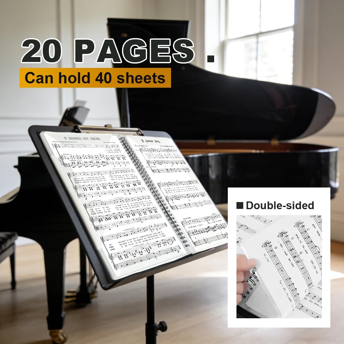 Carpeta de música, página de partituras de 8.5 x 11 pulgadas, soporte para partituras que permite anotaciones, organizador de carpeta de partituras en espiral de 40 páginas, almacenamiento de