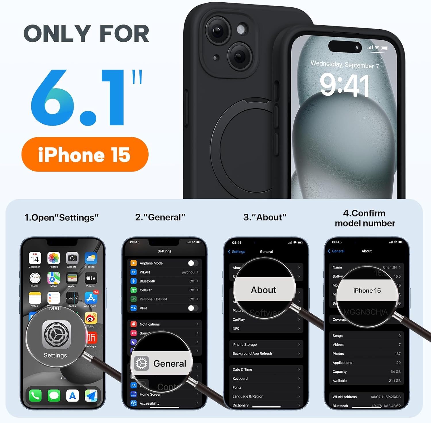 Miracase for iPhone 15 Case with Stand, Compatible with All MagSafe Accessories, Liquid Silicone Case Gel Rubber Shockproof Drop Protection Phone Case for iPhone 15, Black Mag-Stand - Image 6