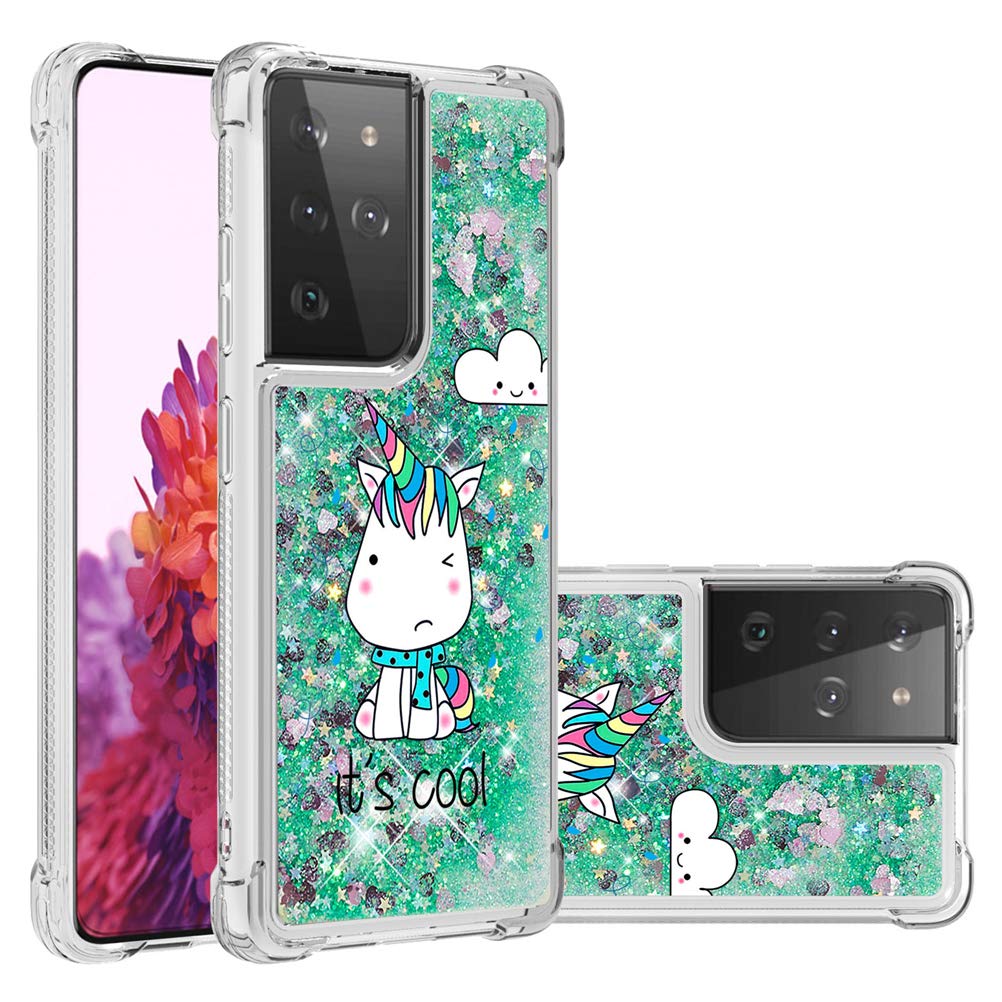 MEIKONST Case for Galaxy S21 Ultra, Green Unicorn Liquid Glitter Flowing Quicksand case Cute Clear Soft Shockproof TPU Slim Protective Cover for Samsung Galaxy S21 Ultra/ S30 Ultra,YB Green Unicorn