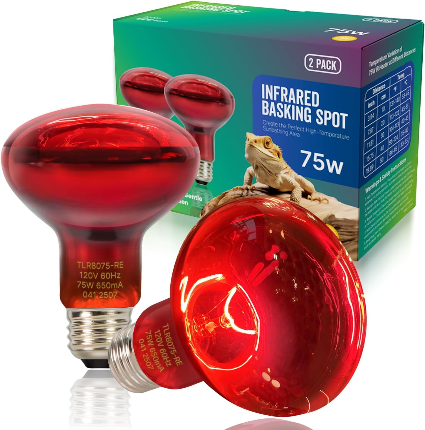 FLSNT 2 Pack Reptile Red Heat Lamp Bulbs, 75W Infrared Basking Spot Light for Turtles, Leopard Gecko, Ball Python, Bearded Dragon, Chicken