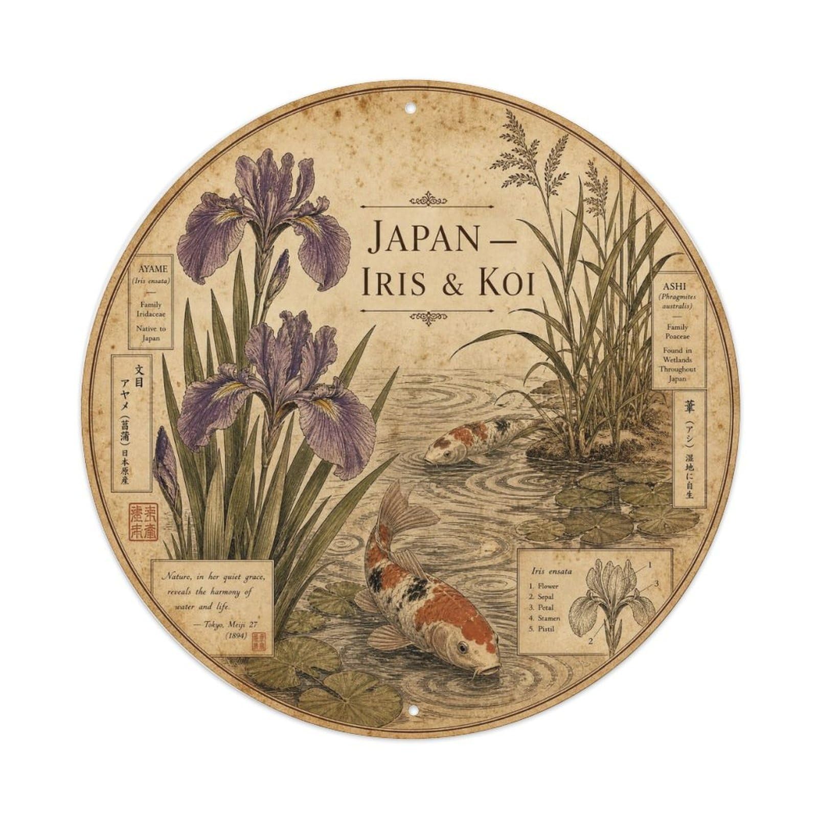 Olyhtr 8X8inch Classic Style Meiji Japan Iris Koi Ceramic Folk Pattern Metal Tin Sign