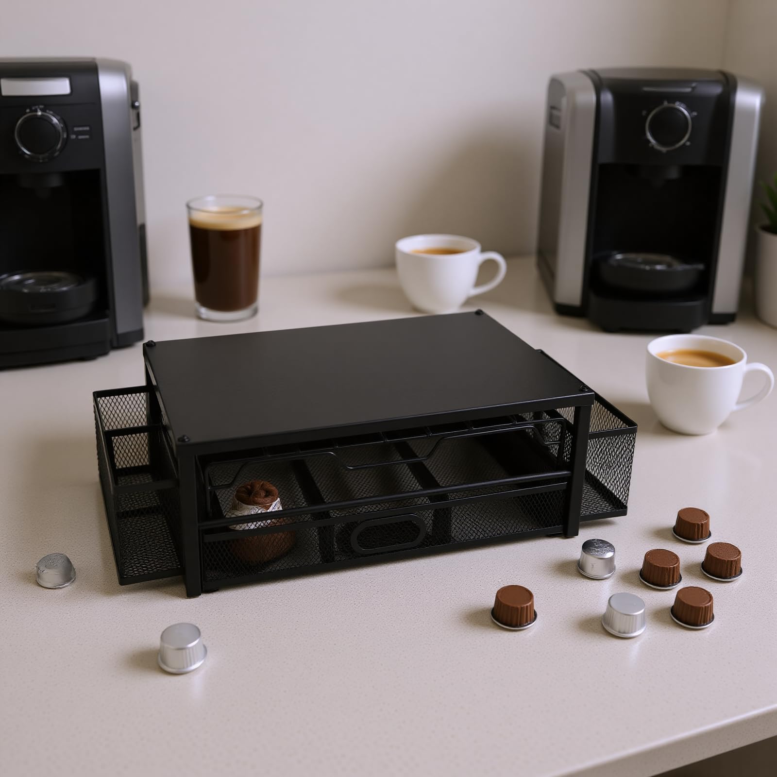Organizador de 2 Niveles para Cápsulas de café, Cajones Extraíbles, Almacenamiento de Cápsulas de café para Estación de de Encimera de Cocina, Capacidad para 83 con Cestas Laterales para