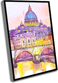 Farmhouse Decor For Bedroom,Small Office Decor,Rome Wall Art Italy Europe Skyline Vatican Watercolor Painting Print,Watercolor Cityscape Painting,16x24 Inch Framed Wall Art