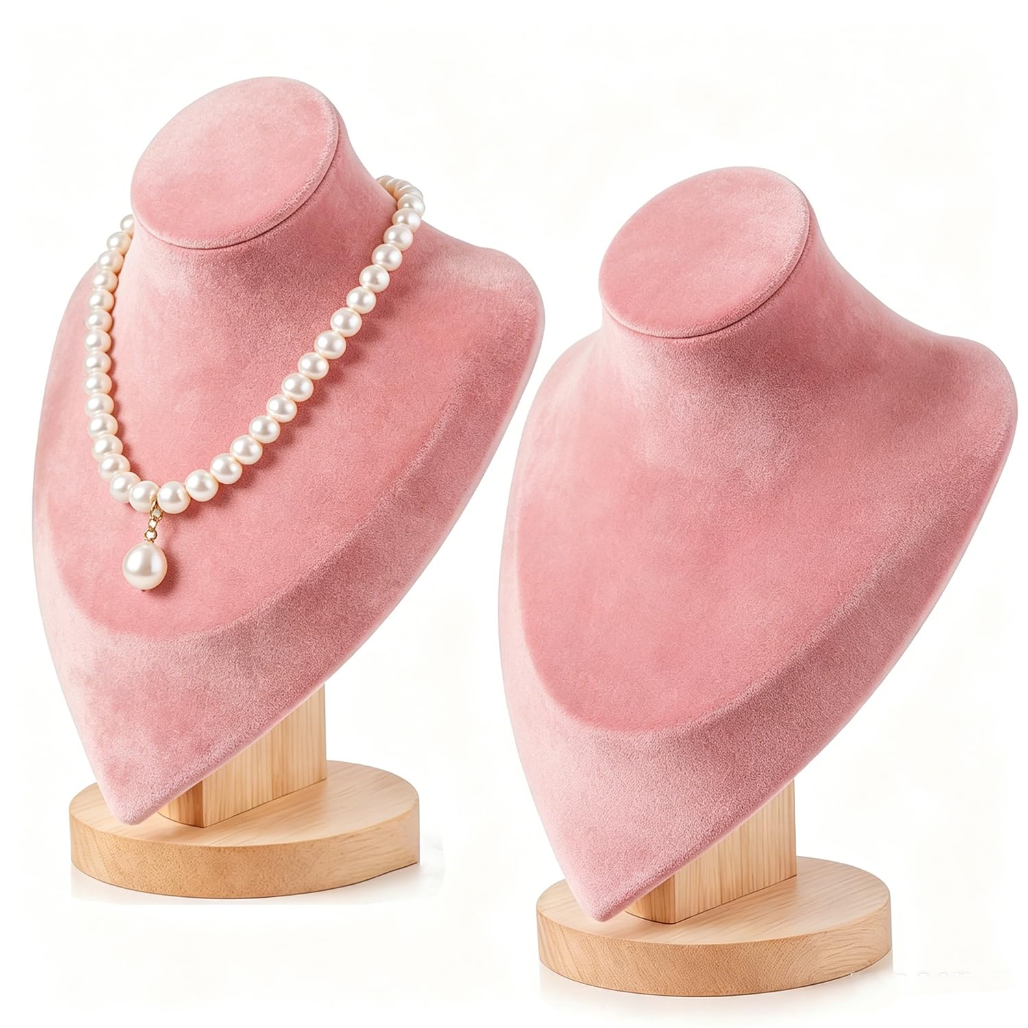 Présentoir à colliers en velours rose et bois élégant pour sublimer vos bijoux