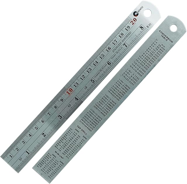 Dapetz ® 8"/20cm/200mm Metal Ruler Rigid Stainless Steel Ruler with Inch/Metric Graduations Table Conversion Tap Drill and W.W.UNF and Ideal for School, Craft, Engineering, Architectural Work.