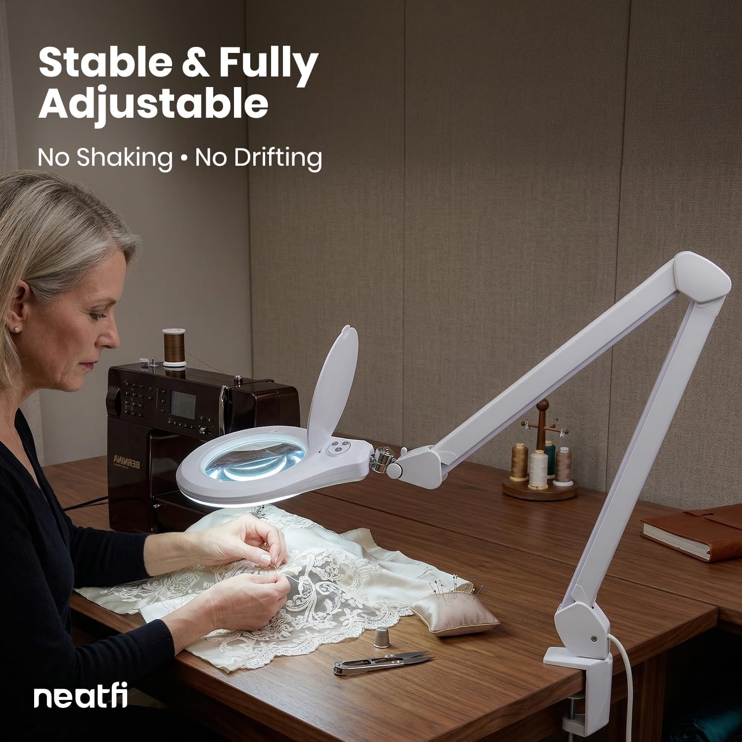 Neatfi Elite Super LED Magnifying Lamp with Clamp – 6” Glass Lens, 2.25X/4X Bifocal, 6500K Daylight | Glare-Free, Nonpolar Dimming | Reading, Crafting & Precision Work (6 Inch Lens, White)