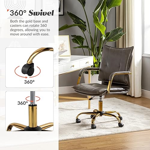 Miniatura 4 de HULALA HOME Silla de escritorio de piel sintética para oficina en casa, silla giratoria ajustable para computadora con patas y brazos dorados,