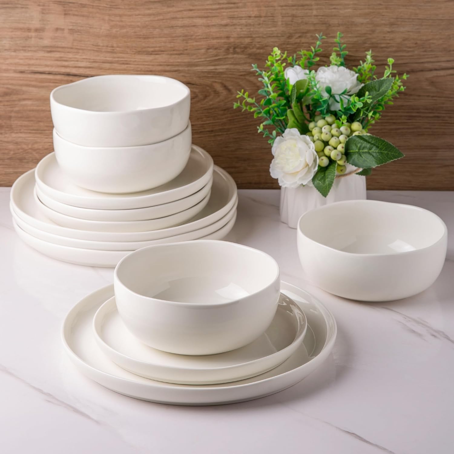 LERATIO Ceramic Dinnerware Sets,Handcraft Wavy Rim Stoneware Plates and Bowls Sets,Highly Chip