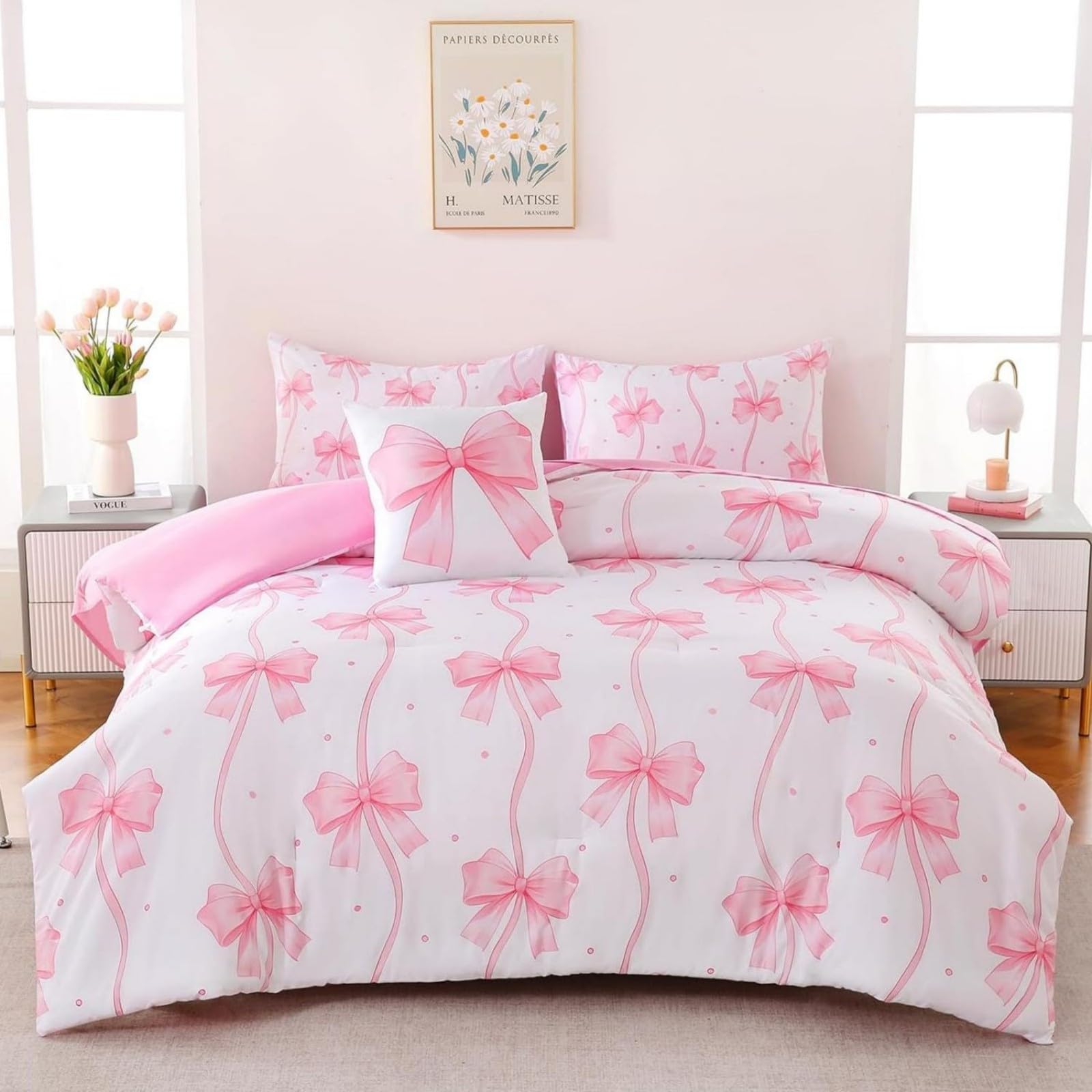 Freyamy Schleifen Bettwäsche 135x200cm Mädchen Weiß Rosa Schleife Aesthetic Bettwäsche-Sets Microfaser ÖKO-TEX Kinderbettwäsche 1 Bettbezug mit Reißverschluss und 1 Kissenbezug 80x80cm