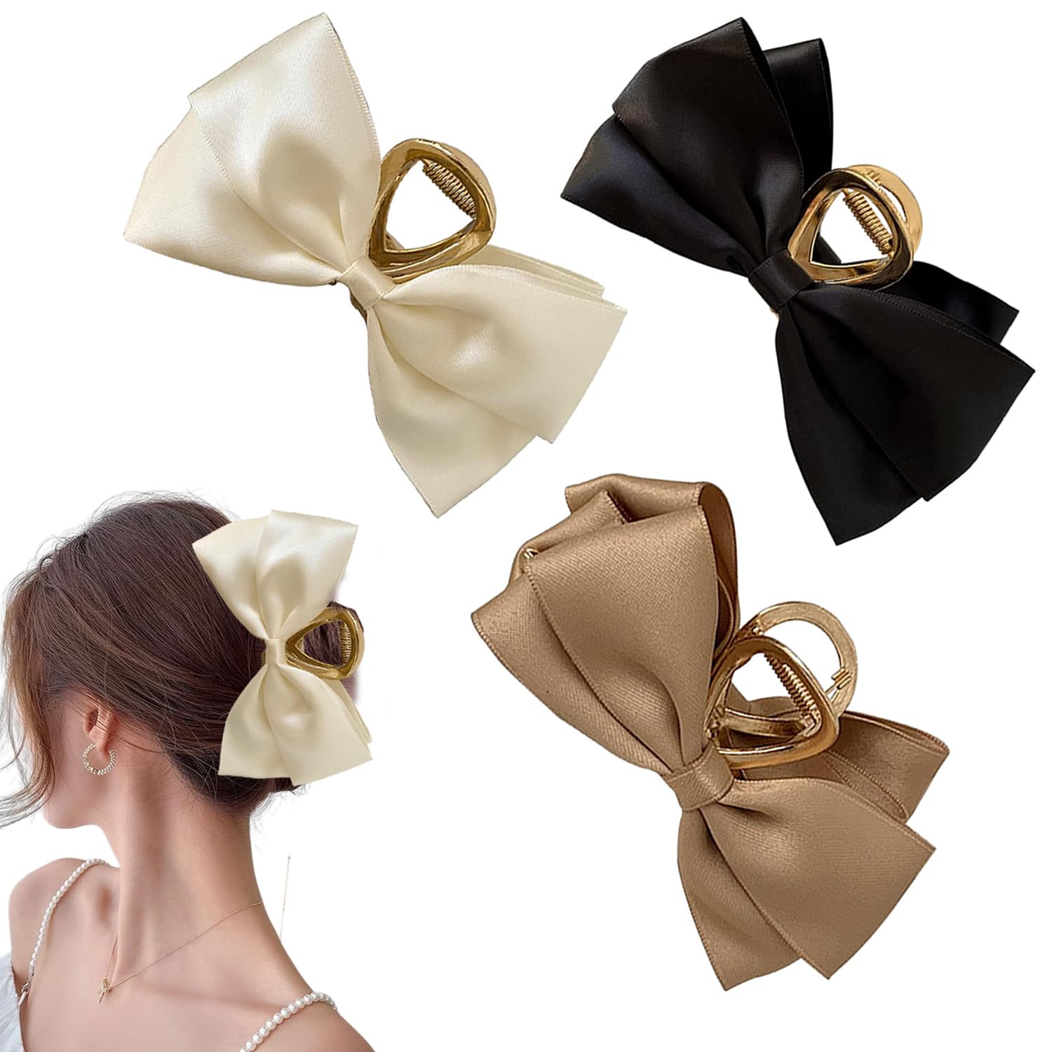 Paquete de 3 pinzas de satén para mujer, pinzas grandes de metal dorado de 4.7 pulgadas con lazo grande, accesorios para el cabello grueso y fino para mujeres y niñas