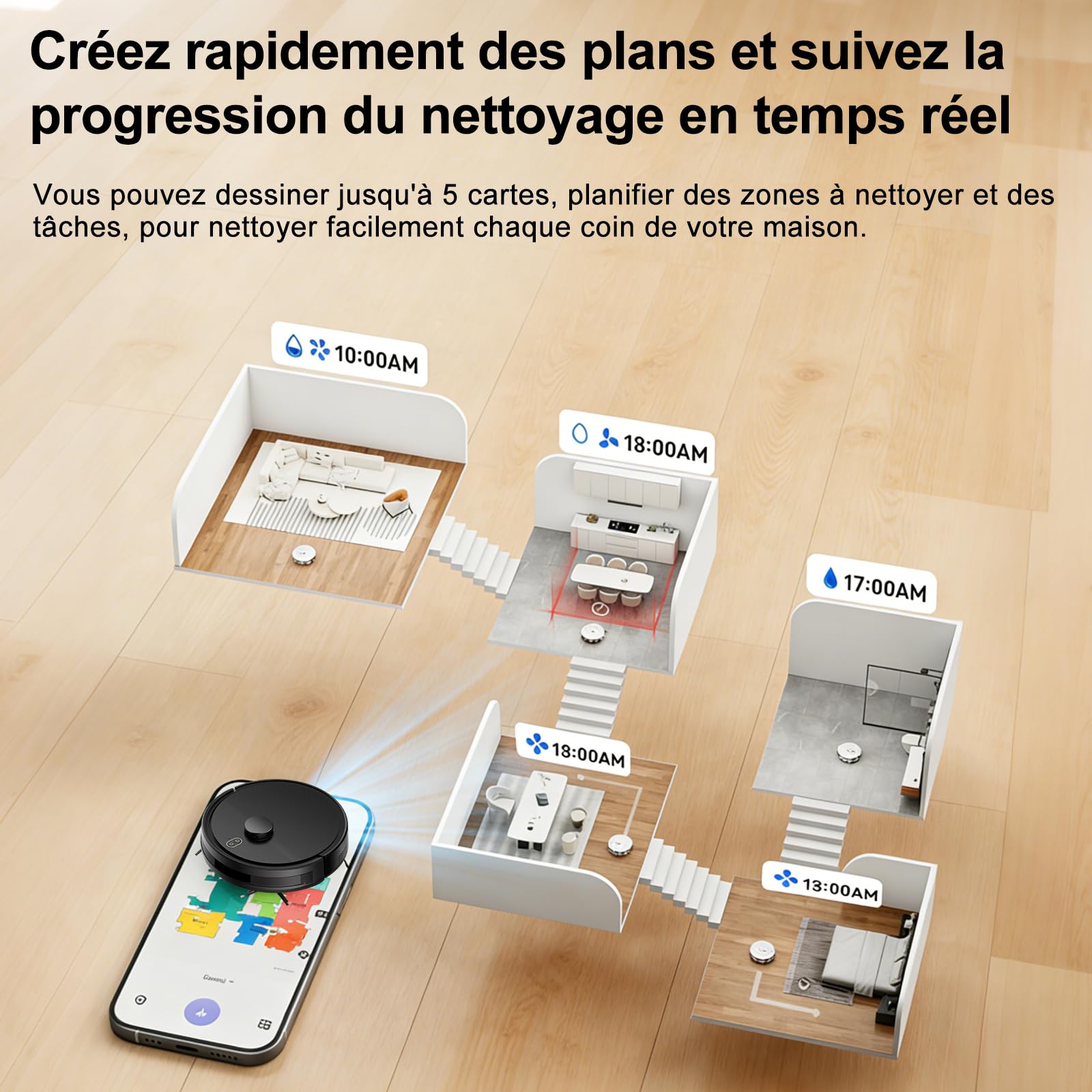 Robot Aspirapolvere Lavapavimenti con Mappatura LiDAR Navigation 5000Pa | Protezione anticaduta, Automatico 120Mins, 2 in 1 Pulizia Personalizzata, Precisione nell'Evita Ostacoli, WiFi/App/Alexa-Nero