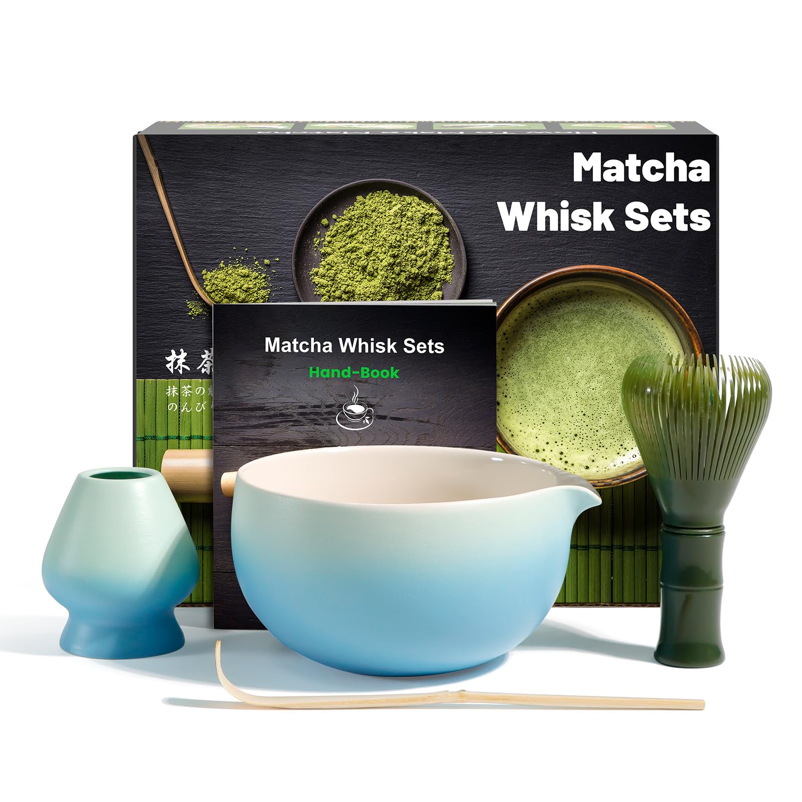 Kit Matcha Japonais POFIBO 4 Pièces - Fouet, Cuillère, Support Céramique - Cérémonie Traditionnelle
