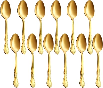 Matte Gold Stainless Steel Dessert Spoon/Teaspoon Set of 12 | 6.3-inch, Rose Pattern, Satin Finish, Coffee Spoons, Grade 430 Steel, Dishwasher Safe