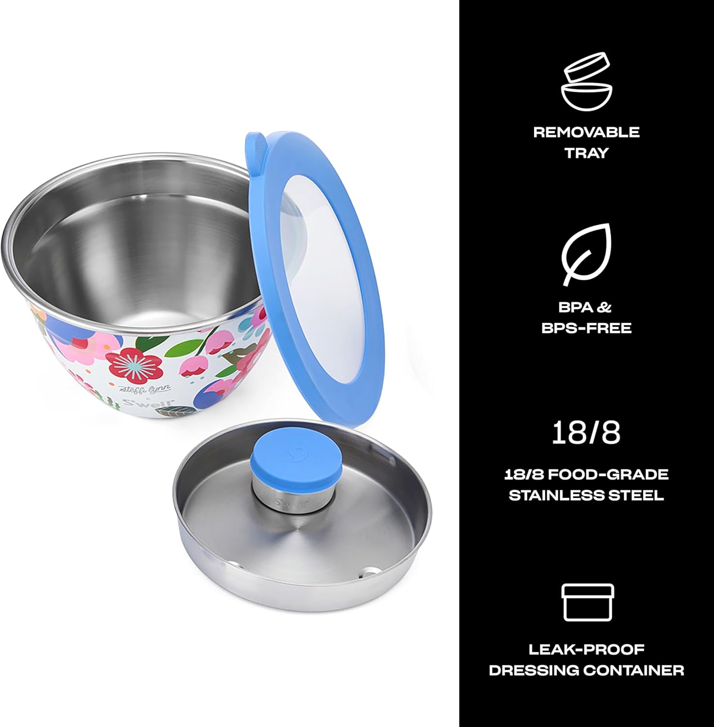 S'well Stainless Steel Salad Bowl Kit 64oz, Steffi Lynn x S'well, Comes with 2oz Mini Canister and Removable Tray for Organization, Leakproof, Easy to Clean, Dishwasher Safe - Image 3