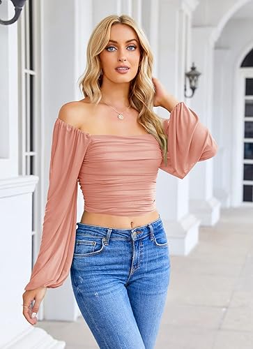 Miniatura 4 de Wenrine Womens Mesh Long Sleeve Crop Tops Night Going Out Square Neck Off The Shoulder Ruched Shirt Blouses Dressy Casual