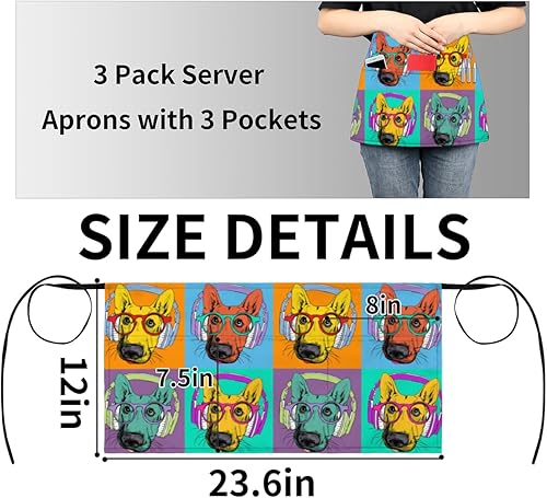 Miniatura 4 de bisibuy 3 Pocket Waist Apron, Pack of 3, Hippie Dog Music Server Short Apron for Men Women, Kitchen, Restaurant, Cafe Delantales De Mesera Para