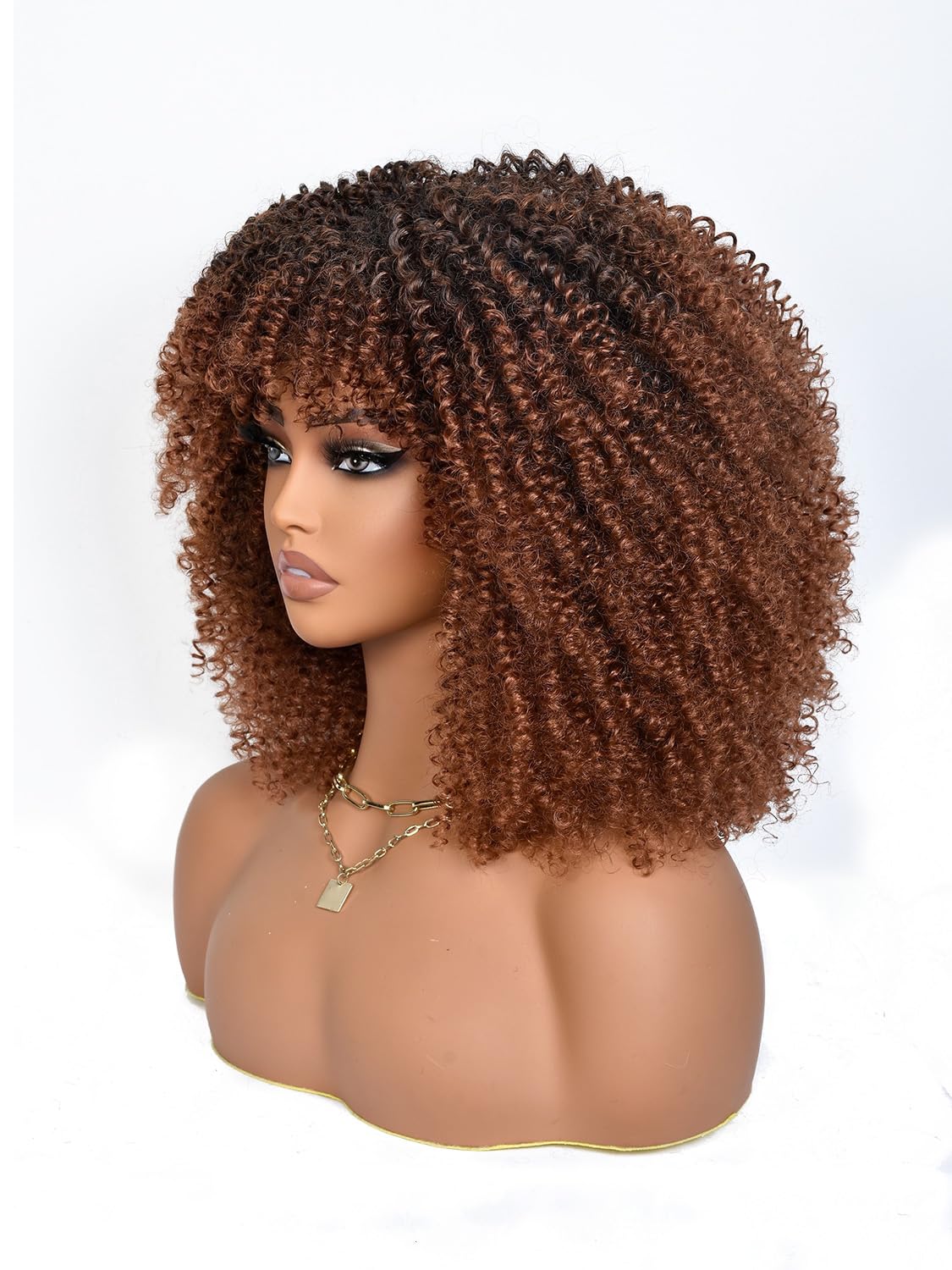 Ombre Brown Afro Curly Wig with Bangs 14 Inch Short Synthetic Afro Wig Black Kinky Curly Wigs for Women Shake and Go Wigs for Daily And Party Use