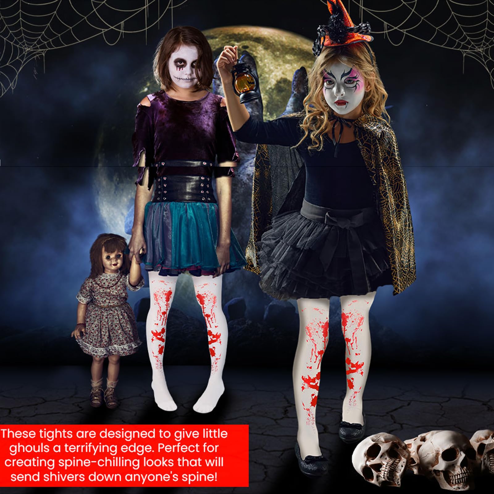 GWAWG 2PCS Girls Blood Stained Tights and Blood Gloves for Kids Halloween Costumes Red and White Blood Stained Tights for Ages 7-12 Long Sleeve Full Finger Gloves Women Stockings for Halloween Cosplay - Image 4