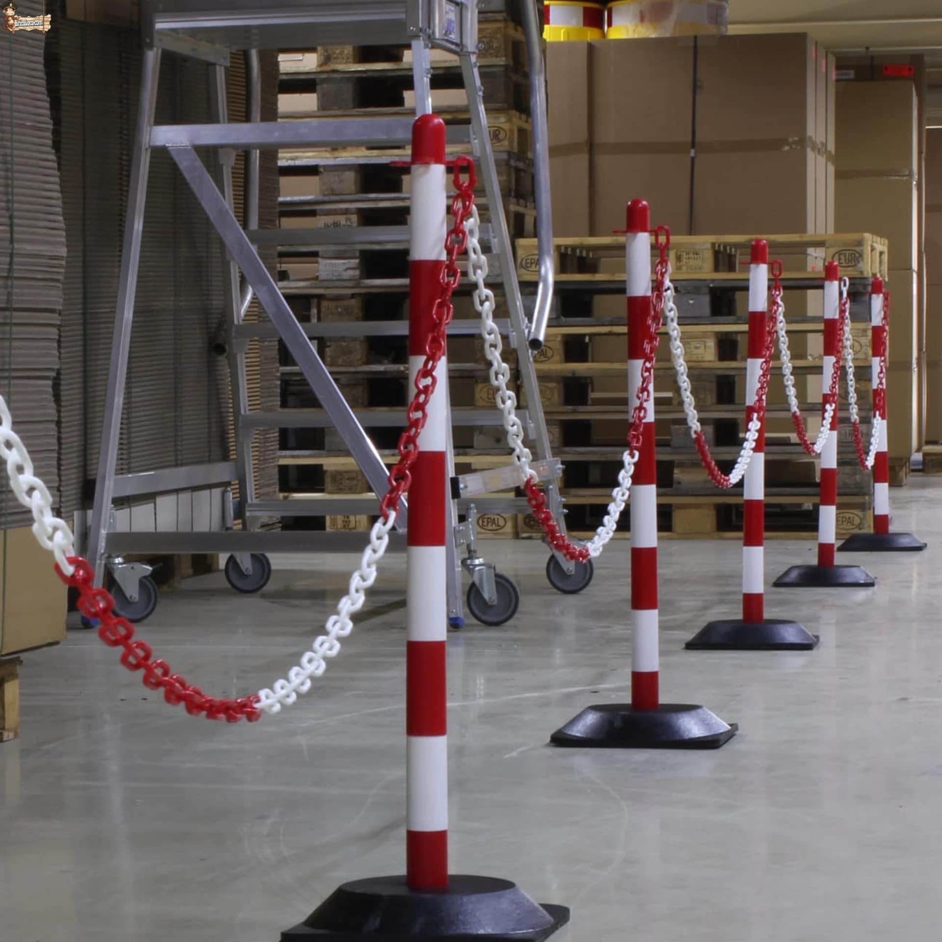 BricoLoco.com Poste señalización y balizamiento para cadena. FLUORESCENTE. Baliza poste separador de filas para eventos. (Rojo-Blanco, 10 uds.)
