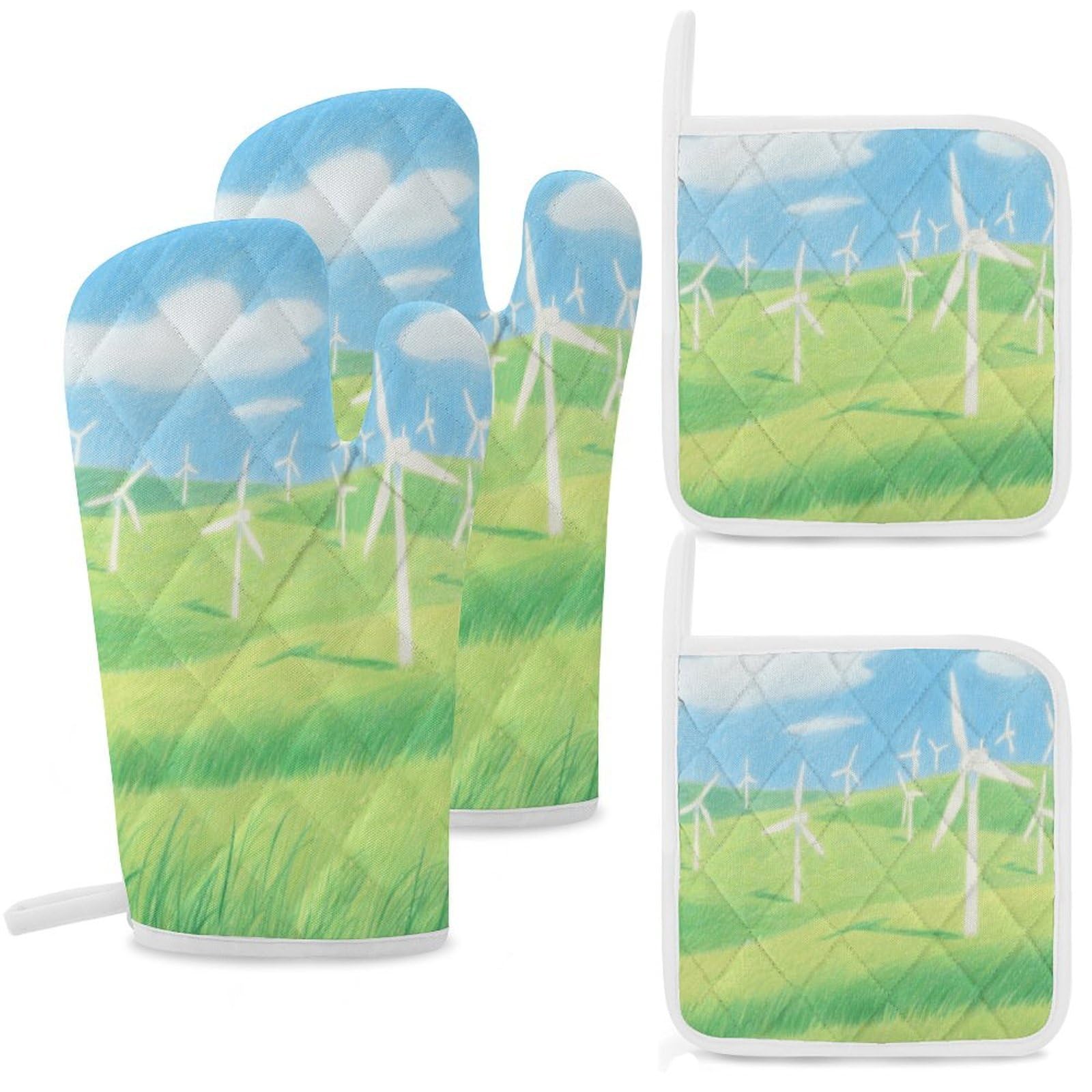 Fekiloot Style Grassland Windmill Group Oven Mitts And Pot Holders 4-Piece Set, Kitchen Oven Glove With Hanging Loop, Bbq Gloves For Cooking Baking Grilling