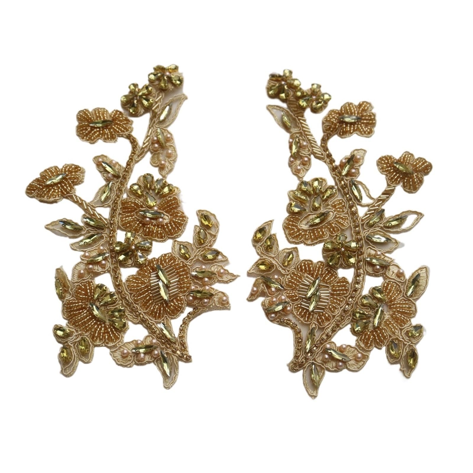 Patchs en strass fleur dentelle dorée pour personnalisation de robe de mariée (2 pièces)