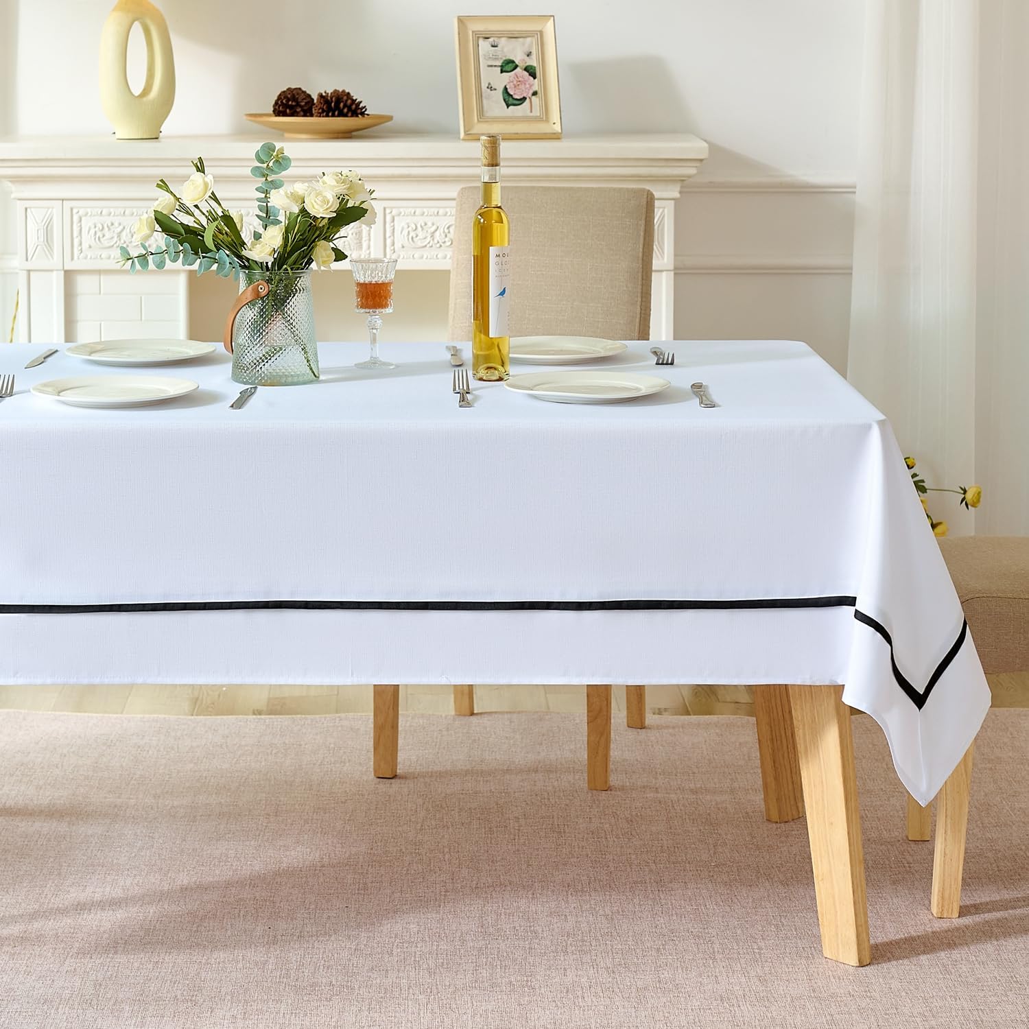 EHouseHome Heavy Duty Fabric Tablecloth with Black Border-Waterproof/Wrinkle Free/Stain Resistant/Oil Proof-for Dining,Indoor&Outdoor,Wedding,Holiday,Rectangle 60x144Inch,White