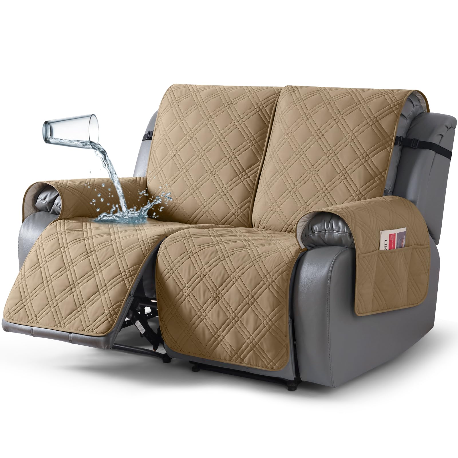 TAOCOCO 100% Waterproof Loveseat Recliner Covers 2 Seater, Split Loveseat Covers for Reclining loveseat, Non Slip Reclining Couch Cover with Double Straps for Kids, Pets(2 Seater, Camel)
